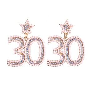 30th Birthday Earrings Star Dangle Rhinestone Party Light Pink Iridescent